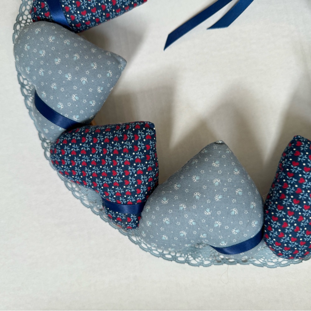 Vintage Heart Wreath country fabric lace & bow Handmade Cottagecore Farmcore - Picture 9 of 13